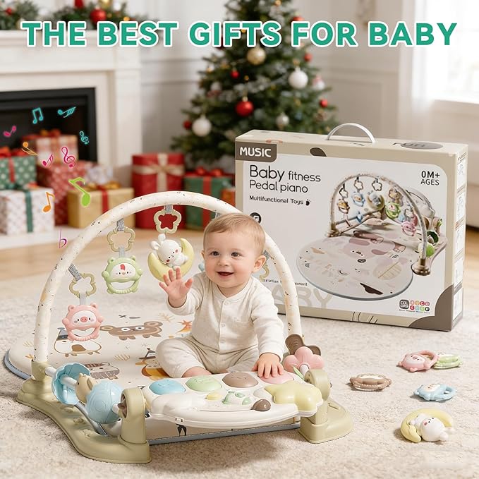 Baby Play Gym Mat - Funny Play Piano Activity Playmat with 5 Infant Learning Detachable Toys for Sensory Development, Music and Lights Tummy Time Mat Newborns Gifts for 0-12 Months