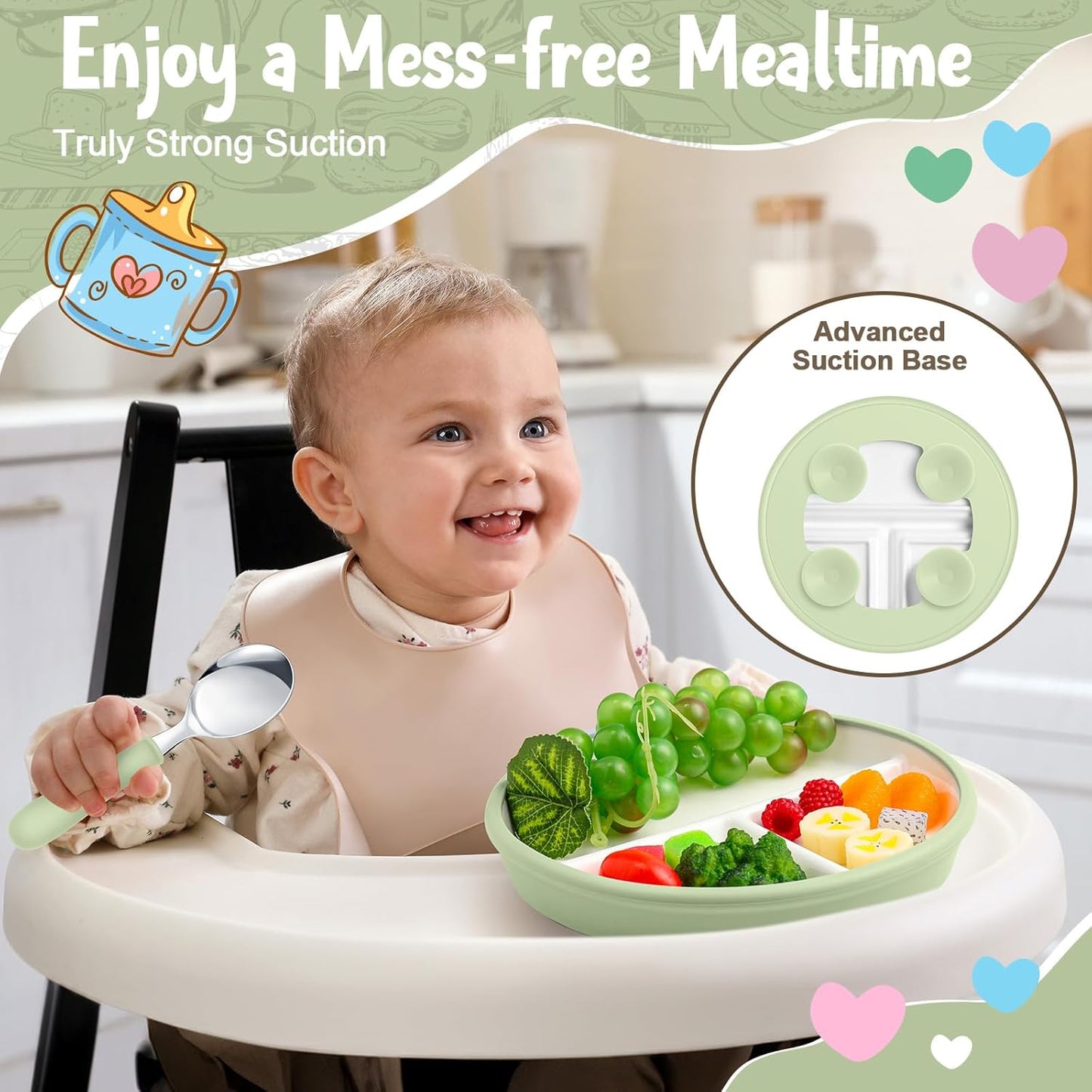 Teenyyou 3 Pack 8" Large Porcelain Toddler Plates Feeding Set, Ceramic Kids Suction Plates with Anti Slip Silicone Sleeve for Baby 3 Spoons and Forks Divided Kids (Blue,Green,Beige)