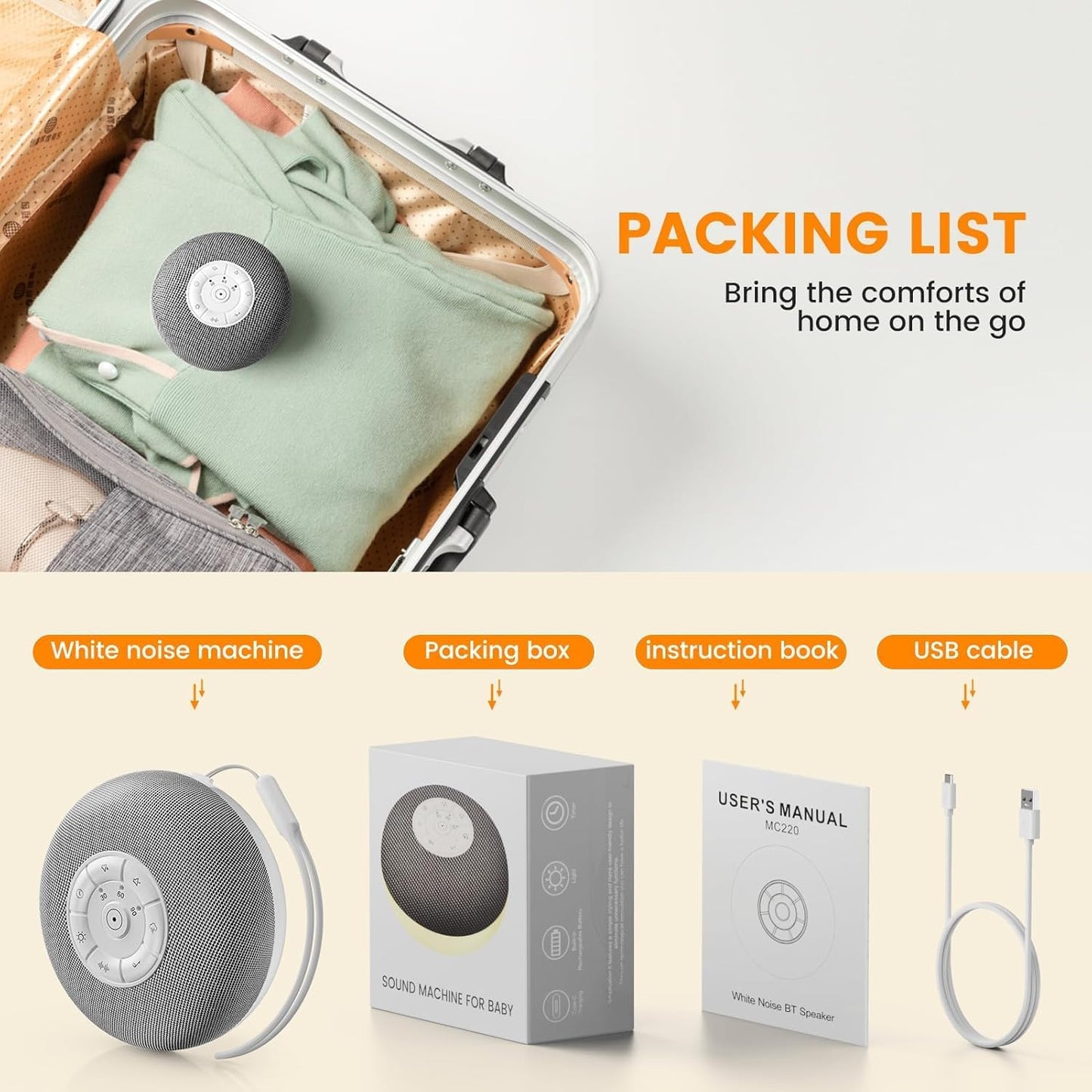 YEVIK Portable Sound Machine for Baby, Soothing Sleep Assistant with 39 Sounds & Night Light for Nursery, Travel, Kids & Adults (USB-C Rechargeable, Auto-Off Timer)