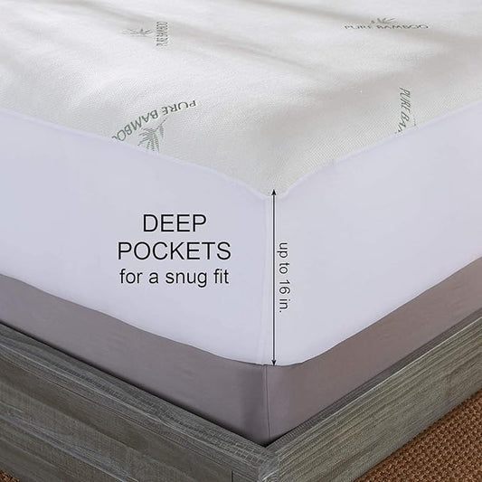 Queen Mattress Protector by PURE BAMBOO, Waterproof - Viscose Derived from Bamboo, Breathable, Noiseless Mattress Cover Protects Against Moisture, Spills, Stains (Queen)