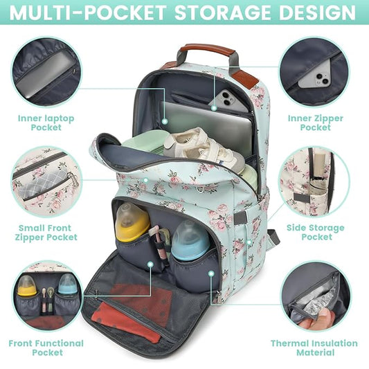 Diaper Bag Backpack, Large Baby Nappy Bags with Portable Changing Pad for Boys and GirlsMultifunction Travel Baby Bag for Moms Dads, Shower Gifts Waterproof and Stylish,Flower Green