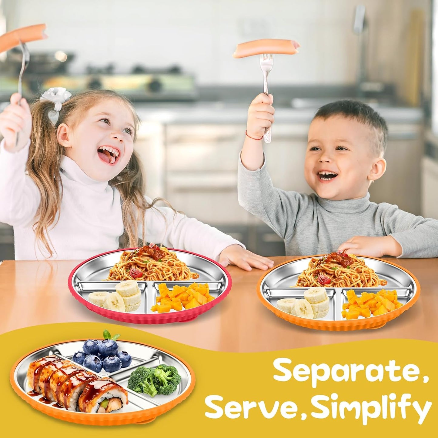 Stainless Steel Kids Plates with Suction, 2Pack 9" Divided Toddler Plates Removable Non Slip Silicone Sleeves Baby Feeding Led Weaning Supplies, BPA Free, Unbreakable Dishwasher Safe