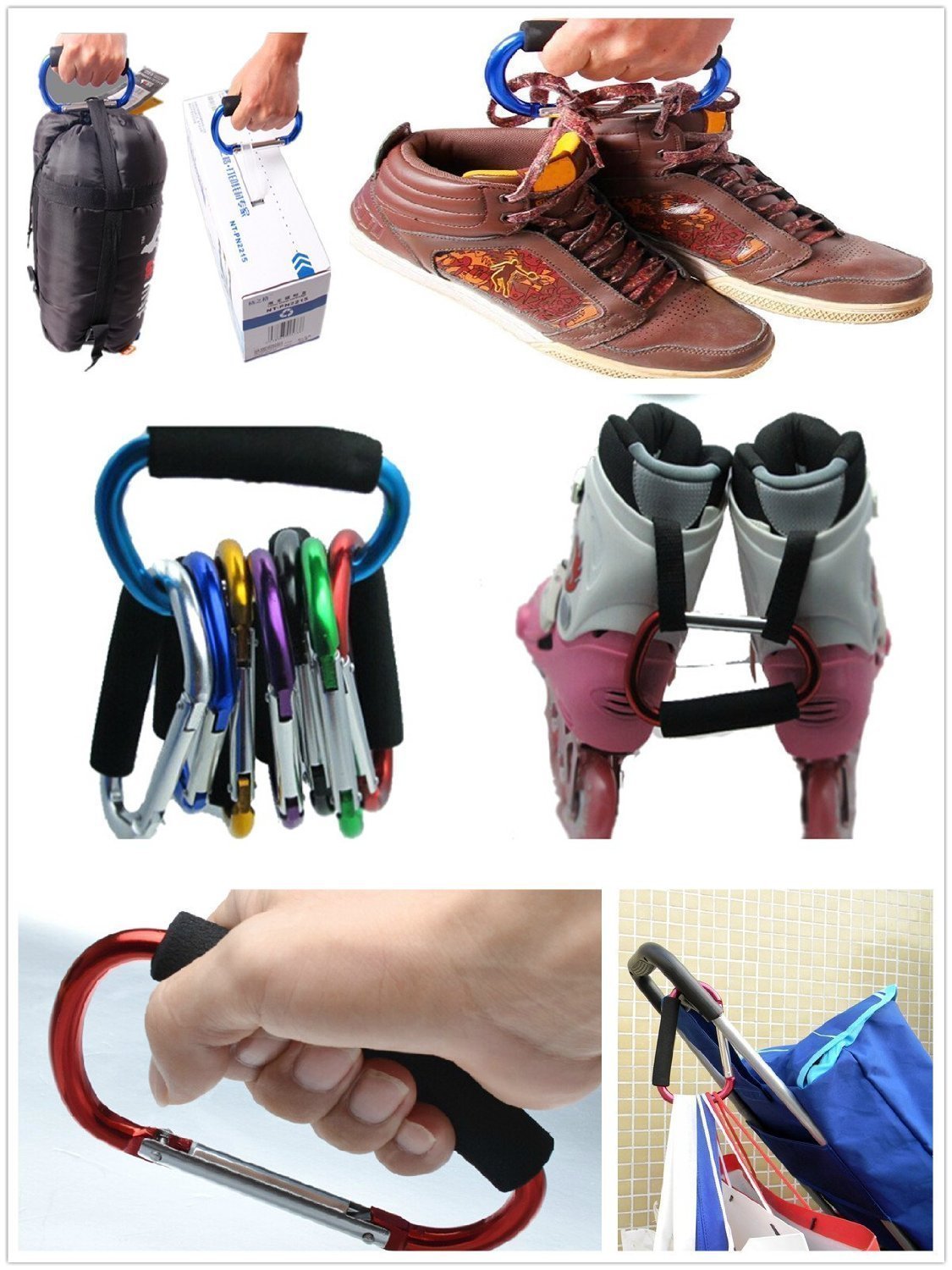 Large Stroller Hooks for Mommy, 2 pcs Carabiner Stroller Hook Organizer for Hanging Purses, Diaper Bag, Shopping Bags. Clip Fits Single/Twin Travel Systems, Car Seats (Black+Rose)