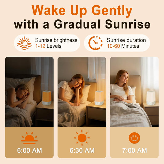 10-60 Mins Simulate Sunrise Alarm Clock: Gentle Wake Up Light Adjustable Brightness, 30 Volume, Bright & Loud Enough for Heavy Sleepers - White Noise Machine with 30 Soothing Sounds, Ease of Use