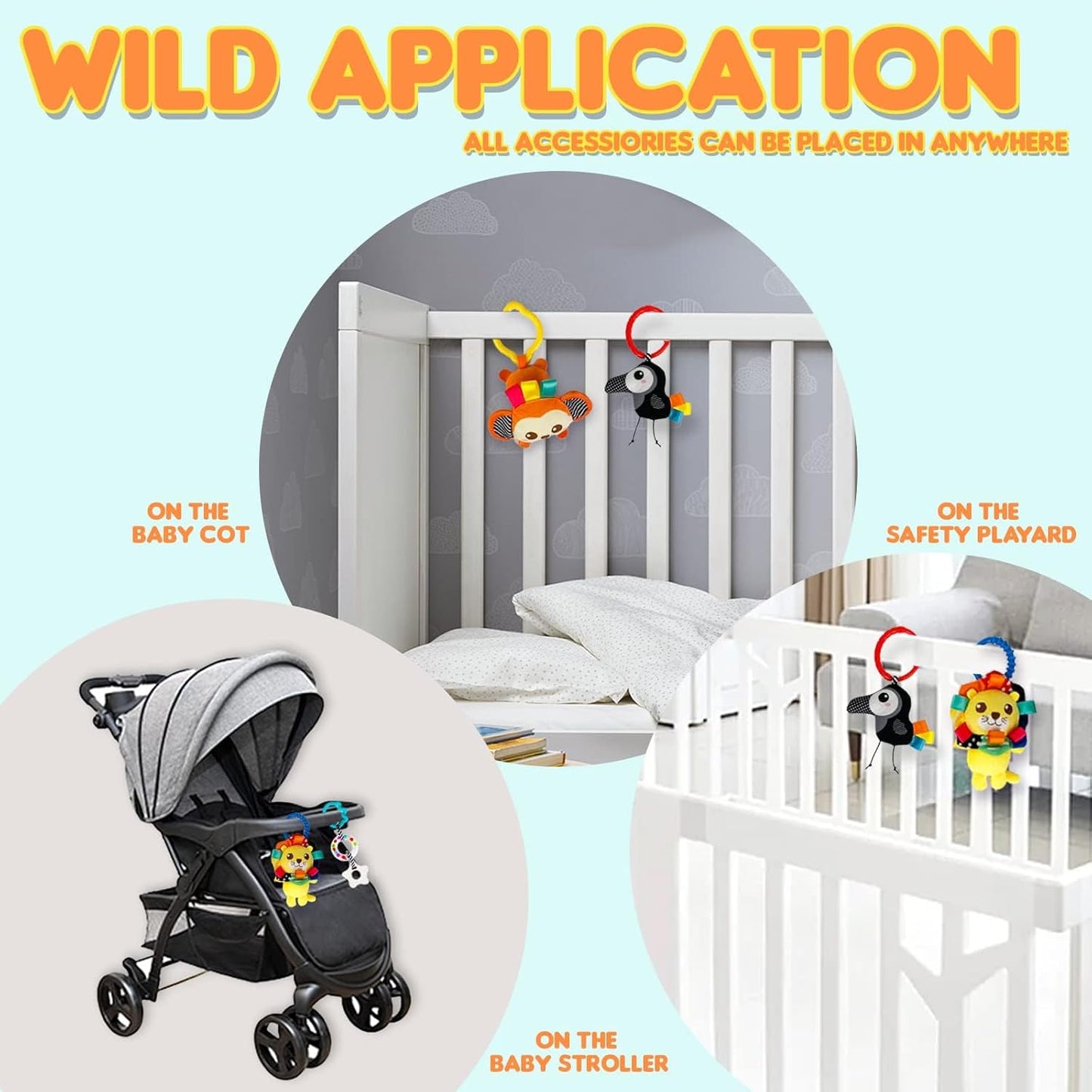 Baby Car Seat Animals Toys - Kick and Play Double Sided Infant Car Seat Toys with Plush Toys, Mirror, Teether for Baby, Babys Travel Activities, Christmas Birthday Gifts Newborn Infant Toys