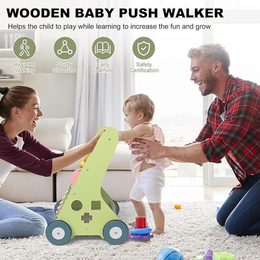 11-in-1 Montessori Baby Walker Toddlers Push Walker Wooden Activity Center Gift for 1 Year Old Boys Girls, Adjustable Speed & Quiet Wheels Learning to Walk Sensory Toys Baby Sit-to-Stand Walking Toys