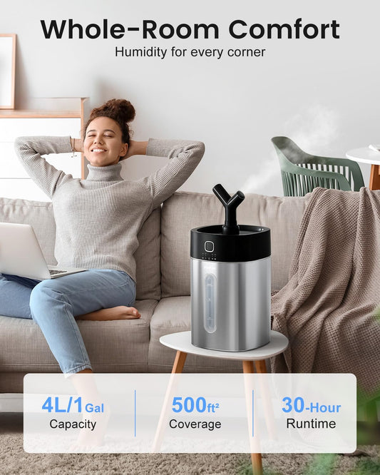 Feekaa Stainless Steel Humidifier, Easy Clean Dishwasher Safe, 4L/1Gal Cool Mist Humidifiers for Bedroom, Humidifiers for Baby, Humidifier Large Room for Nursery, Plant, Office, Living Room, White