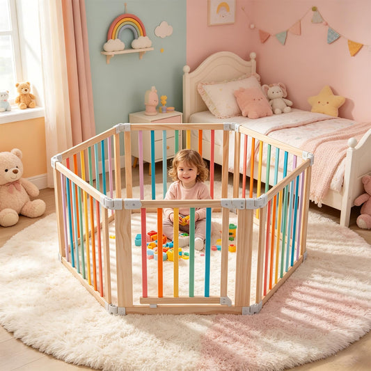 Baby Wooden Playpen, Foldable Shape & Size Adjustable Playpen for Toddler and Babies, Wood Baby Play Yard with Locking Gate, Large Pack and Play for Play Area Indoor(Multicolor, 6 Panel)