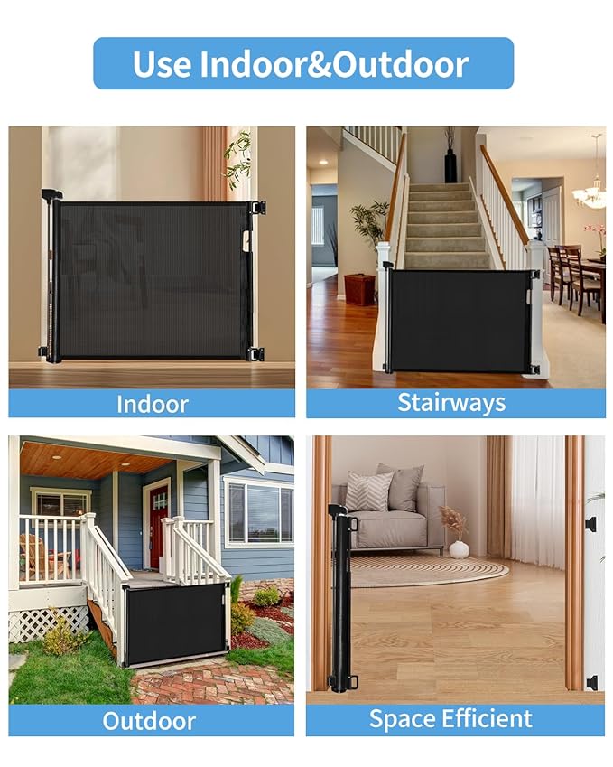 Veraste (2 Pack) Retractable Baby Gate for Doorways and Stairs, Mesh Safety Gate for Pet, Indoor & Outdoor Use, One-Hand Operation, Easy Installation, 33.6" Tall, Expands to 55" Wide(Black,33.6"x55"