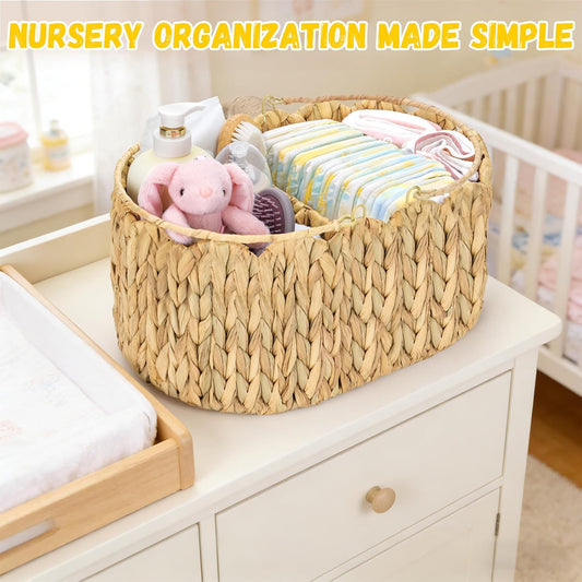 Large Baby Diaper Caddy Organizer, Portable Wicker Water Hyacinth Storage Basket with Handles and Divided Sections, Nursery Tray for Diapers Baby Essentials, Baby Shower Gifts