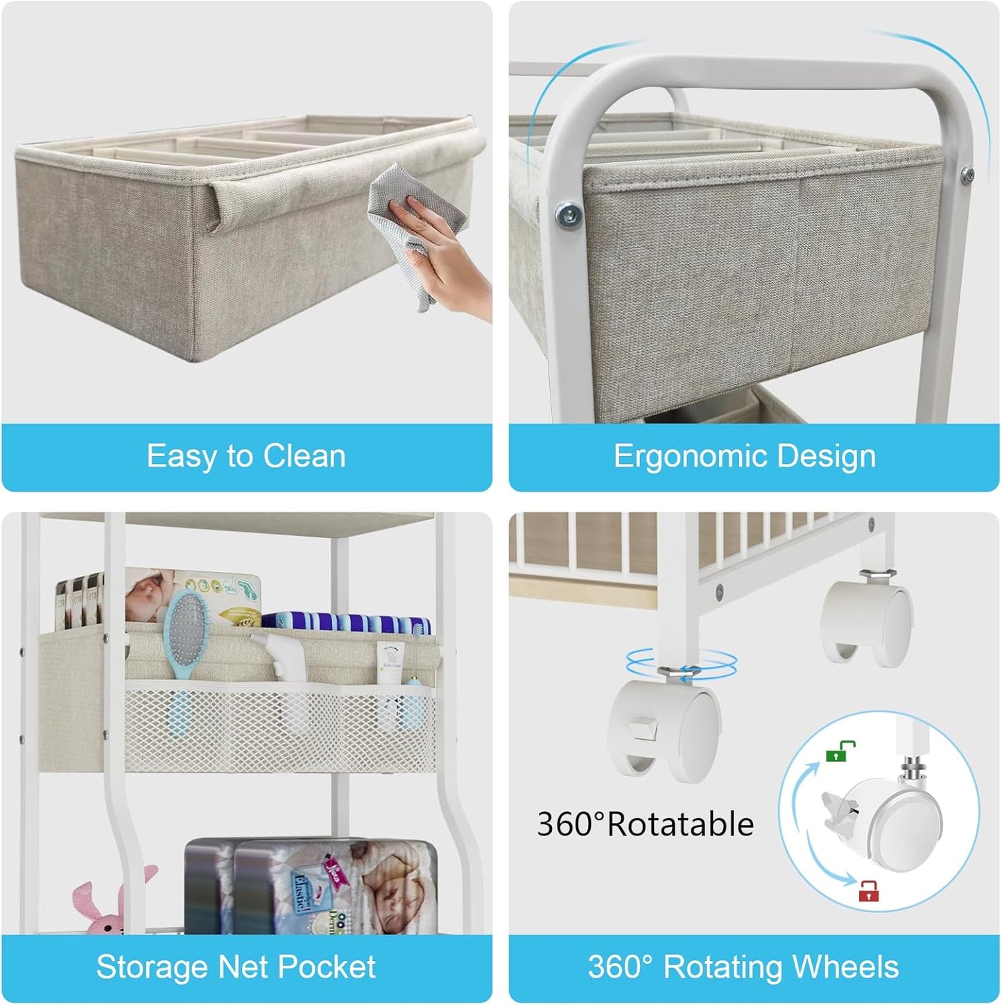 3-tier Baby Diaper Caddy Organizer and Storage Cart with 4+3 Dividers, Metal Utility Cart with Lockable Wheels for Nursery, Bedroom, Bathroom, White
