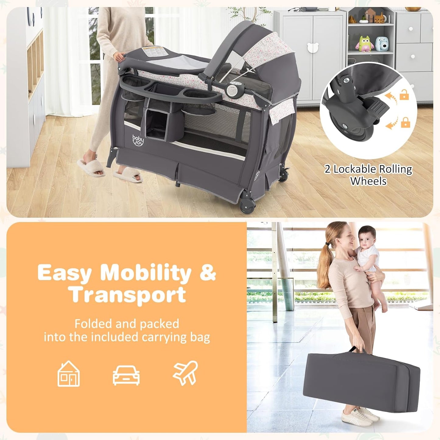 BABY JOY 4 in 1 Pack and Play, Portable Baby Playard with Bassinet & Flip-Away Changing Table, Canopy, Portable Bedside Crib with Storage Basket, Oxford Bag, Infant Bassinet from Newborn to Toddlers