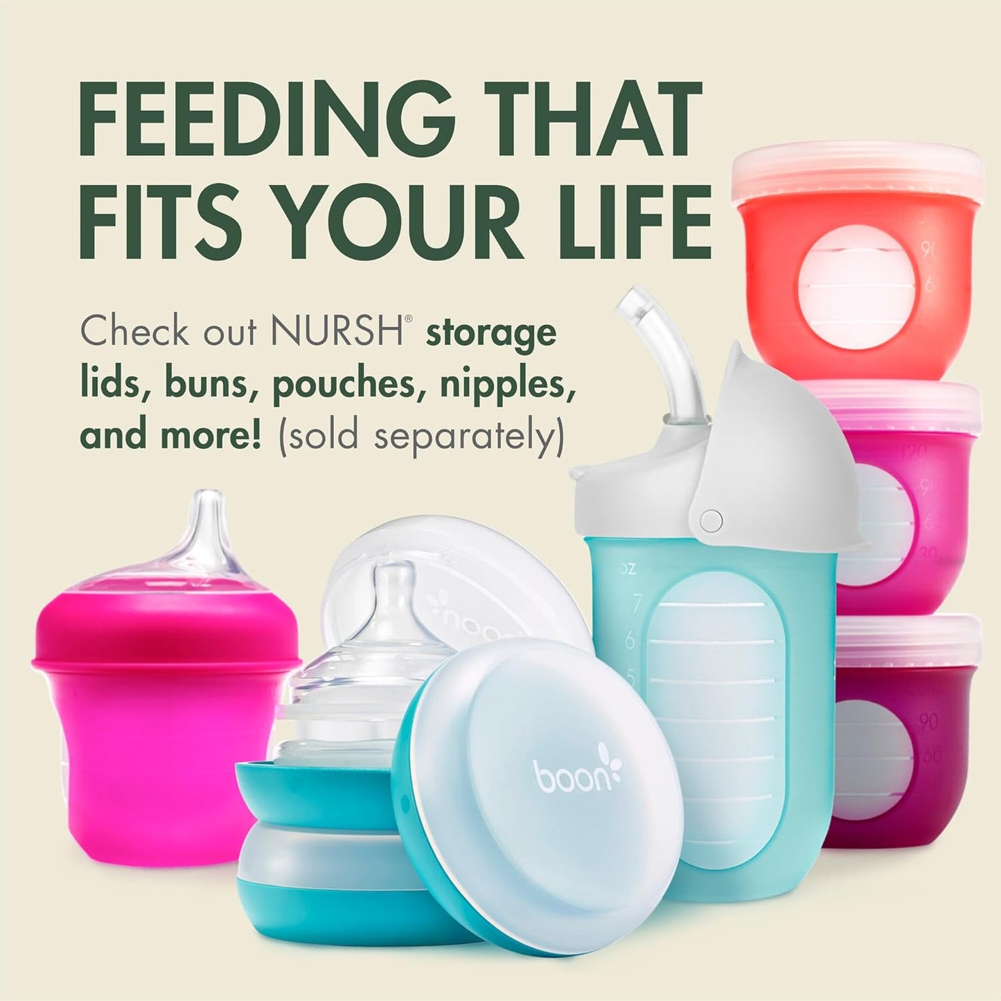 Boon Nursh Reusable Silicone Pouch Baby Bottles - Slow Flow Nipple - Silicone Baby Bottle Pouch and Nipple - Baby Feeding Essentials - Speckle - 0-3 Months - 3 Count - 4 Ounce