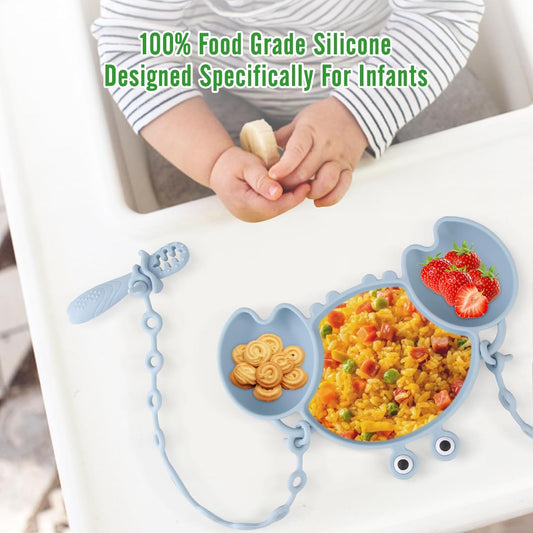 Silicone Baby Feeding Set, 8-Piece Baby Led Weaning Supplies Included Toddler Suction Plate, Bowl, Cup, 3 Spoons & 2 Safety Straps Keep Spoon, Fork & Bottle Off The Floor for Self-Feeding (Blue)