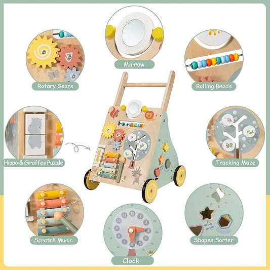 GiggleGems Wooden Baby Walker, Multiple Learning Activities Center Develops Motor Skills for Infant to Toddler, Push and Pull Walkers with Wheel for Boys Girls