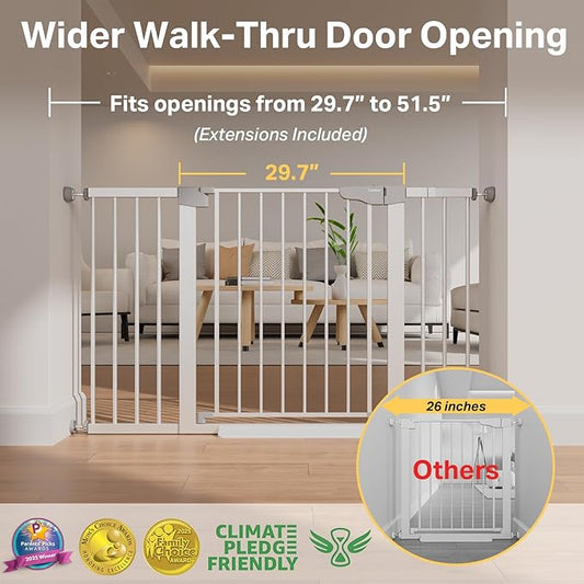 Cumbor 29.7–51.5" Extra Wide Baby Gate for Stairs, Pressure-Mounted Dog Gates for Doorways & Hallways, Auto-Close Walk-Through, No-Trip Design, Child Proof Safety, Dog/Pet Gate for Indoor Use, Silver