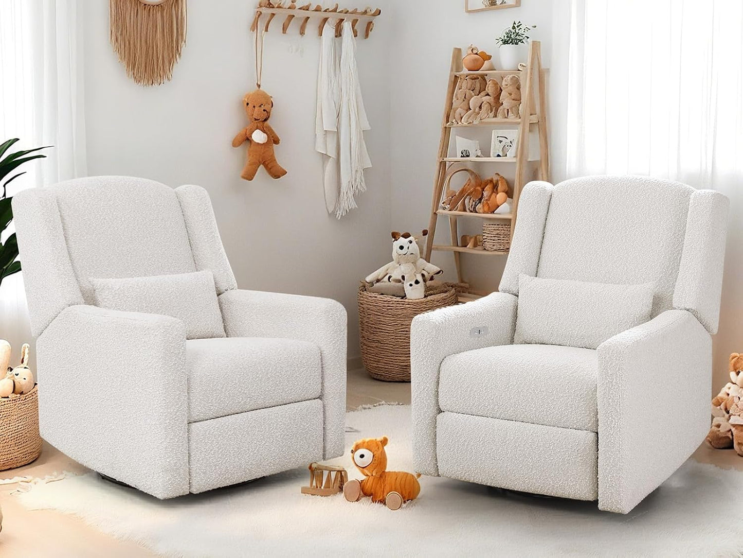 Power Recliner Chair Swivel Glider, Large Rocker Recliner w/USB Charging Port, Boucle Upholstered Swivel Rocker Glider Recliner for Nursery,Bedroom,Living Room, 1PC, Cream