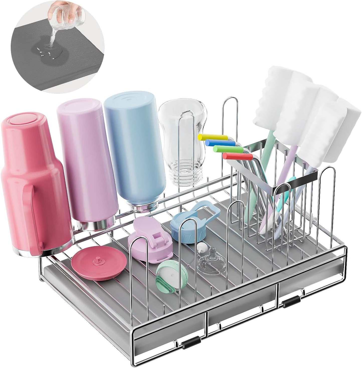 Baby Bottle Drying Rack Organizer Stainless Steel Large Countertop Glass Water Bottle Dryer Holder with Diatomite Stone Quick Dry Easy Clean and Brush Holder