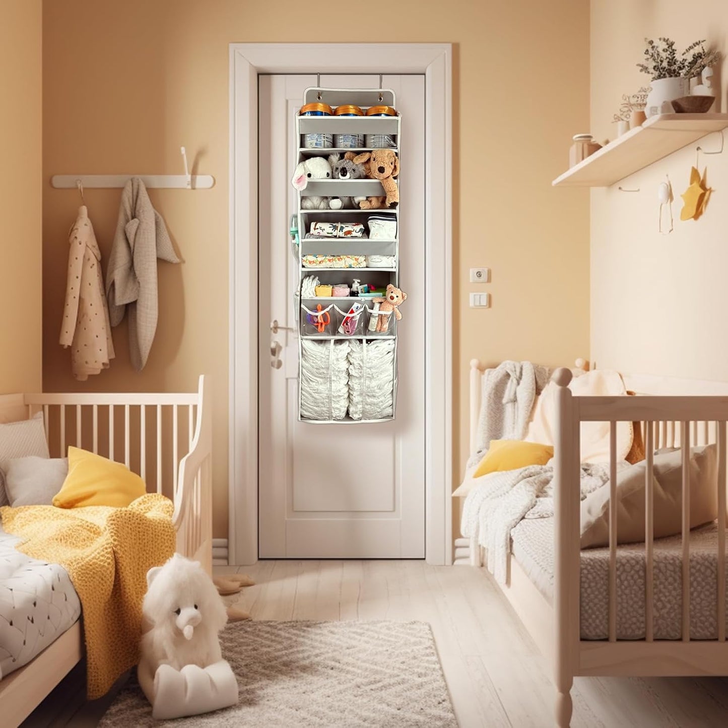 Door Hanging Storage Organizer,with 3 Bins 1 Movable Baby Diaper Caddy,1 Large capacity diaper stacking storage Organizer,10 Side Pockets ,Bedroom Door Storage for Nursery Baby Essentials. (Dark grey)