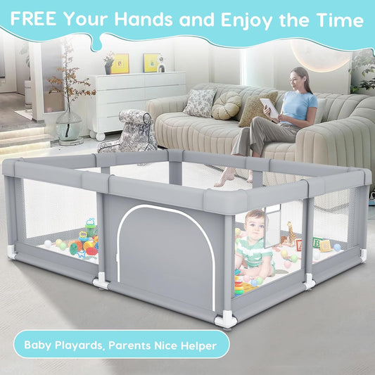 Fshibila 74" ×50" Large Baby Playpen, Baby Playard for Babies and Toddlers, Baby Fence Play Pens for Indoor & Outdoor, Sturdy Safety Play Yard with Soft Breathable Mesh, Anti-Fall, Grey