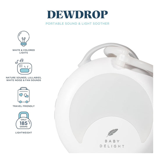 Baby Delight Dewdrop Sound Machine | Portable Baby Noise Machine & Travel Nightlight | 30 Sleep Sounds | Lullabies, Nature Sounds, White Noise & More | 8 Light Colors | Voice Recorder | Rechargeable