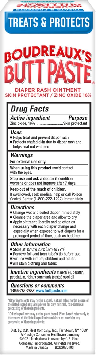 Boudreaux’s Butt Paste Zinc Oxide Diaper Rash Cream, Hypoallergenic for Sensitive Skin, 4 Oz Tube