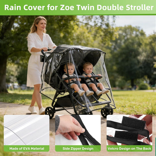 Rain Cover for Zoe Twin Double Stroller, Custom Fit Waterproof Stroller Rain Cover with Clear EVA, Ventilation Holes & Side Zipper, Easy Install & Compact Storage (Jogger not Included)