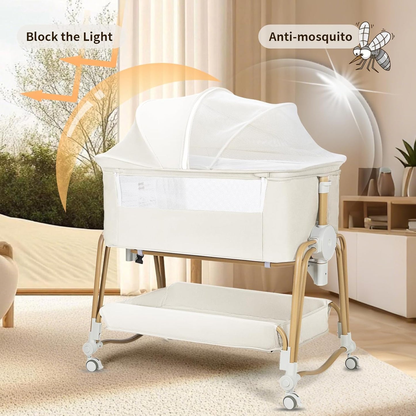 4 in 1 Baby Bassinet | Bassinet Bedside Sleeper for Baby on Wheels with Storage Basket | 7 Height Adjustable Breathable Mesh Rocking Bedside Sleeper with Musquito Net for Newborn (Grey)