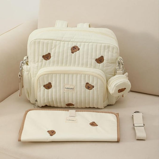 GOBABYMART Diaper Bag Backpack, Medium Maternity baby bag & Changing Pad, Insulated Pockets, Stroller Straps & Pacifier Case (Medium - Beige Bears)