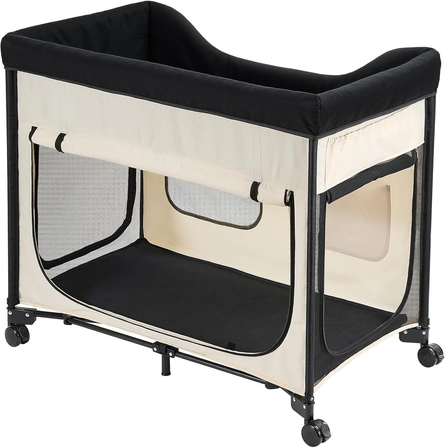 VEVOR Bedside Lounge Pet Bed, Foldable Bunk Dog Bed with 600D Oxford Cloth and Dutch Velvet, Portable Raised Cot with Wheels, Side Storage Bags, and Carry Bag for Cats & Dogs, L, Beige