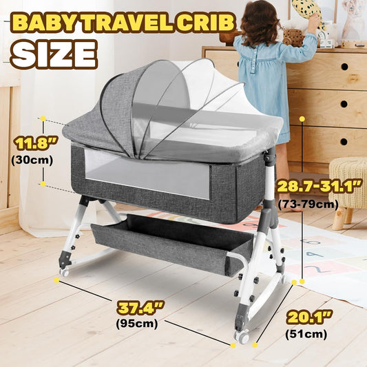 AOBOTE Baby Bassinet,Foldable Newborn Crib with Mosquito Net and Wanxiang Silent Wheel, Adjustable Height,Bassinet Bedside Sleeper (AB010011-1)