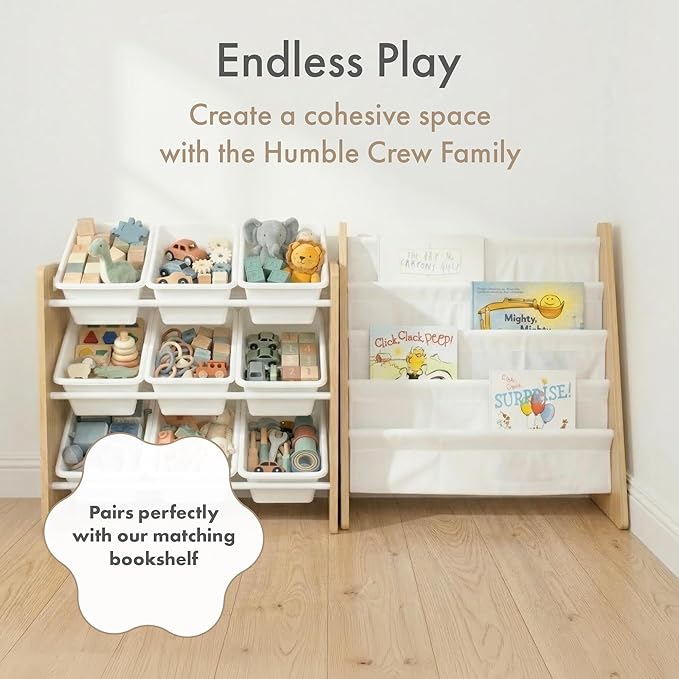 Humble Crew 9-Bin Toy Organizer – Journey Natural Wood with White Plastic Bins, 3-Tier Storage Solution for Kids' Playrooms and Nurseries