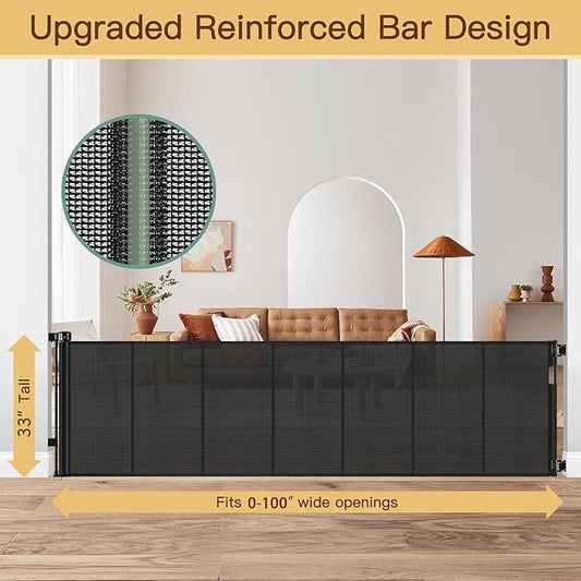 Reinforced Bottom 100 Inch Retractable Baby Gates Extra Wide Baby Gate for Large Openings, 8 ft Super Long Child Gates for Large Openings, Mesh Retractable Dog Gate for Doorways Extra Wide, Black