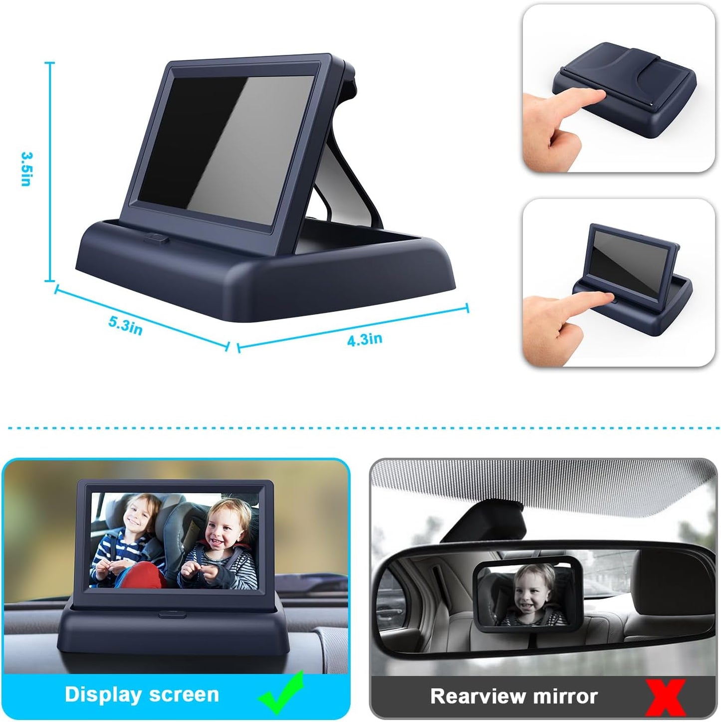 Baby Car Mirror with 4.3'' HD Night Vision Function Display, Safety Car Seat Camera with Wide Crystal Clear View, Easily Observe The Baby’s Move(Not USB)