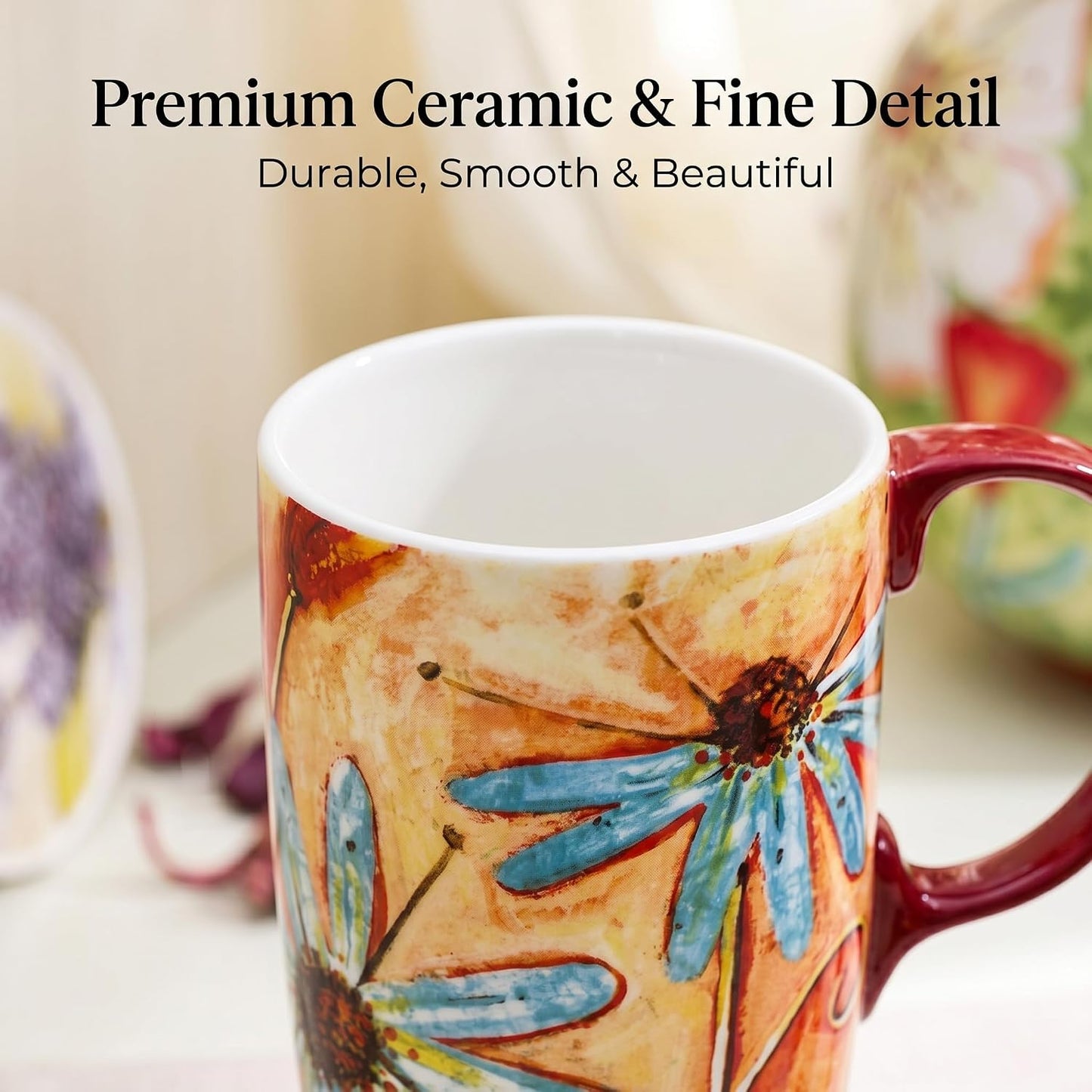 17 oz Ceramic Travel Mug, Colorful Floral Coffee Mug with Lid | 17 oz Ceramic Travel Mug • Microwave & Dishwasher Safe • Handle • Gift Box Included
