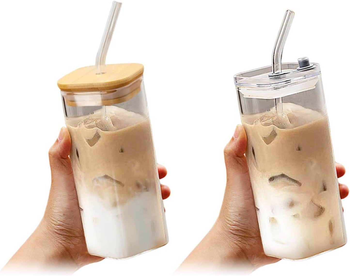 14oz Square Glass Texture Tumblers with Lids and Straws, Heat Resistant Clear Plastic Drinking Cup, 400ML Reusable Square Cup for Coffee Juice Milk Home Office School Outdoor Use (1PC-A)