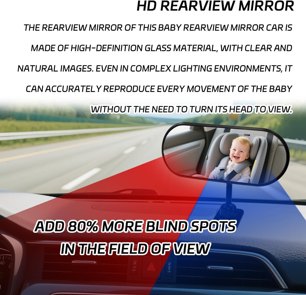 Baby Car Mirror for Rear Facing Infant, 360°Adjustable Wide Angle Convex Rear View Mirror, Car Seat Mirror for Observing Newborn Toddler, Clip-on & Stick-on Automotive Interior Mirror(1PCS)