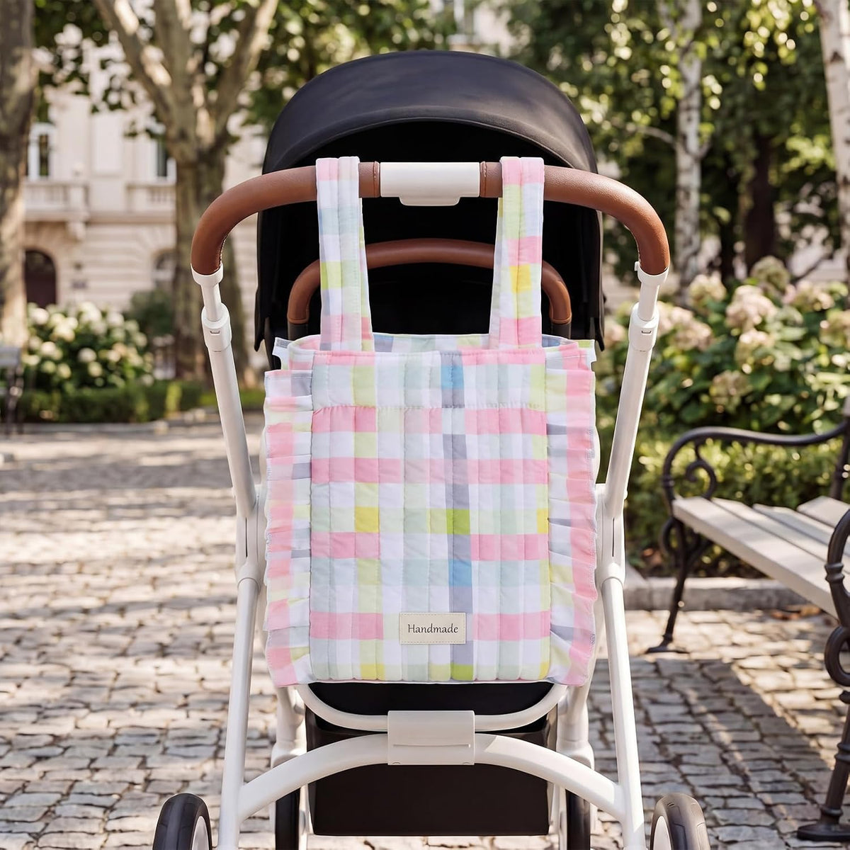 Plaid Ruffled Stroller Bag with Detachable Handle Drawstring Pocket Includes Mini Pouch Universal for Strollers