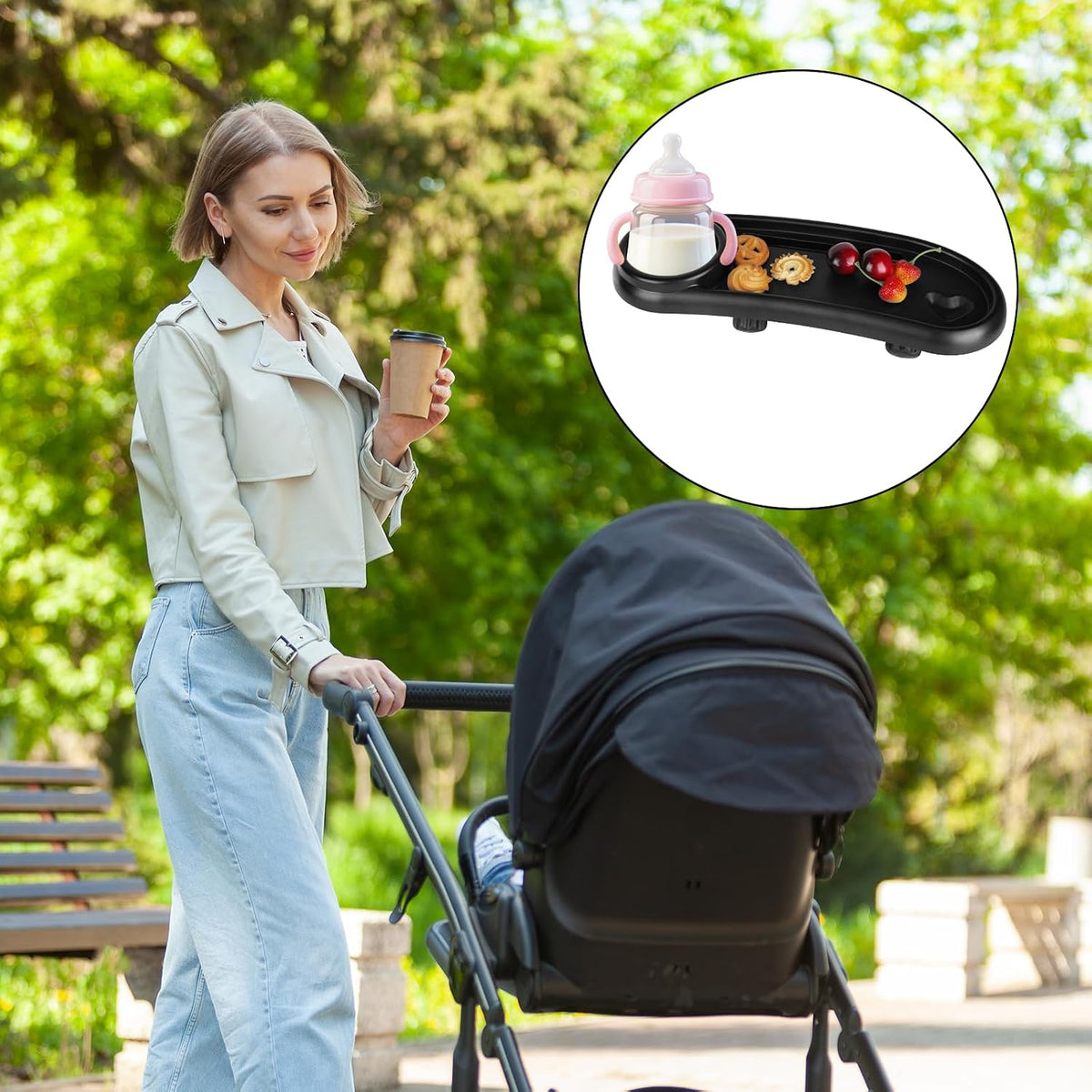 Stroller Snack Tray Compatible with Mockingbird,Adjustable Black Snack Tray for Stroller with Cup Holder and Phone Holder for Snacks, Drinks,Phone, and Toy