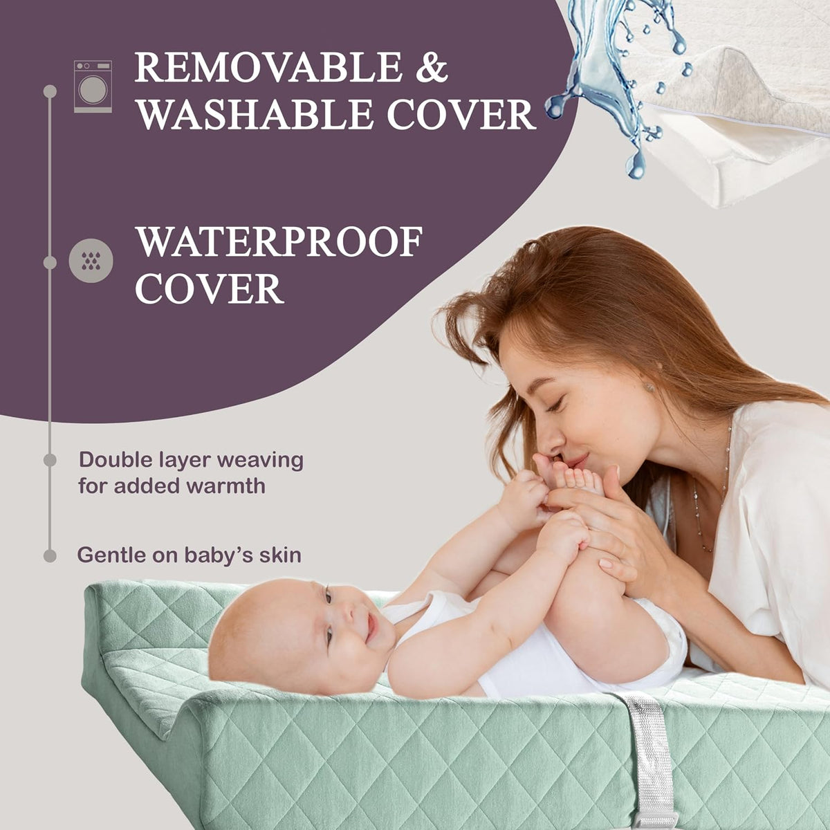 Organic Cotton Covered Contoured Baby Changing Pad | Waterproof Foam Mattress, Soft, Removable & Washable Cover, Safety Strap, Non-Slip Bottom, Topper for Standard Size Infant Diaper Table & Dresser