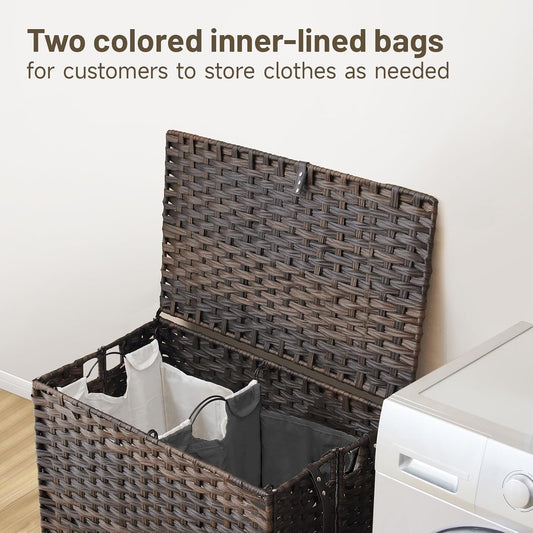 Laundry Hamper with Wheels, 52.8 Gallon(200L) Rolling Laundry Basket with Lid, Removable Large 3 Color Liners & 3 Mesh Laundry Bags, Clothes Hamper with Side Pocket, Natural