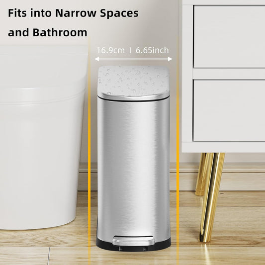 2.6 Gallon Slim Bathroom Trash Can with Soft Close Lid, 10L Stainless Steel Garbage Can with Removable Liner Bucket, for Narrow Spaces,Bathroom, Bedroom (Silver)