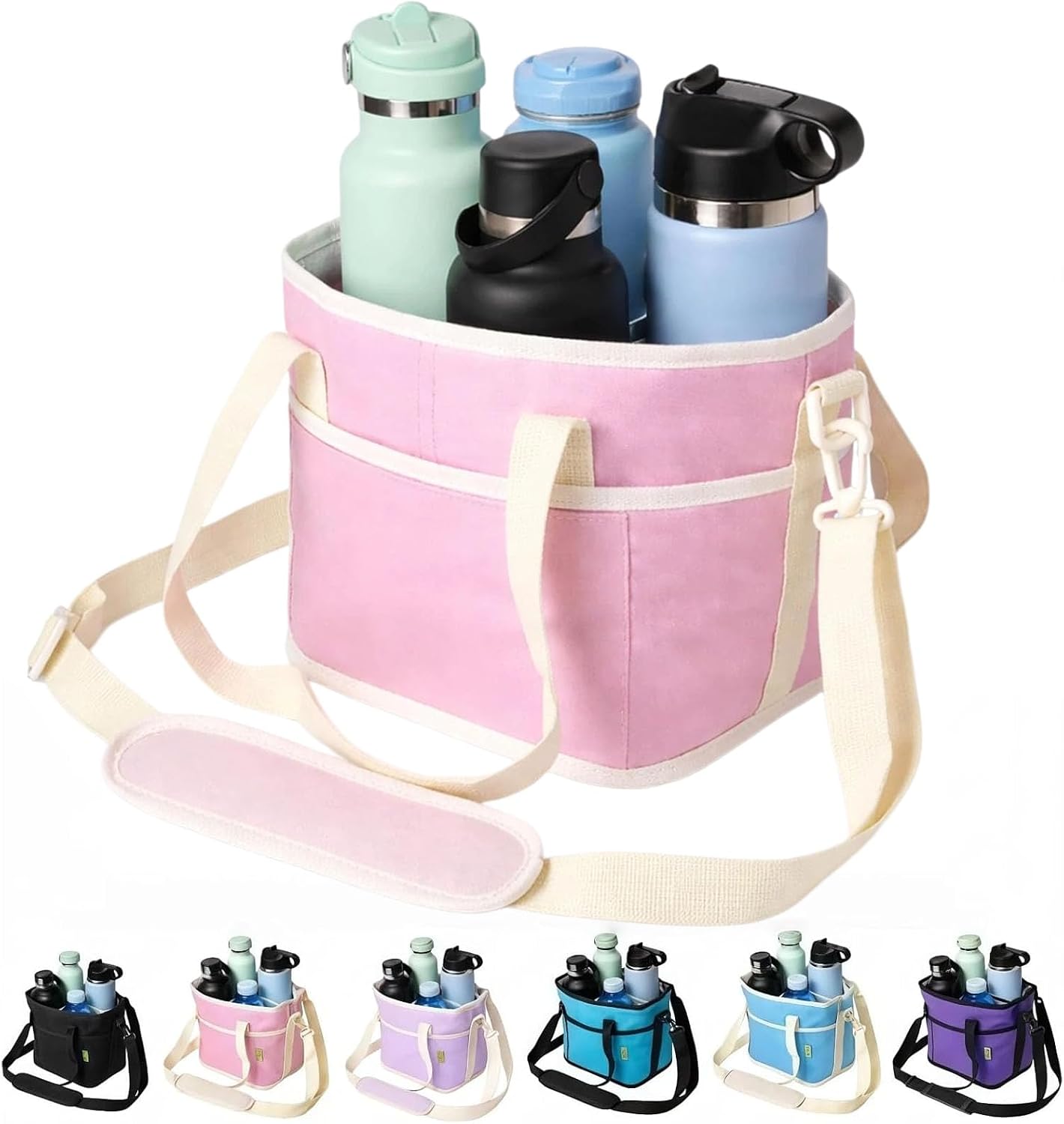 Family Size 4 Compartment Insulated Drink Bag, No-Spill Car Drink Carrier Bag with Adjustable Strap, Multiple Tumbler Carrier Caddy for Iced Coffee, Water Bottles, Teachers (Pink)
