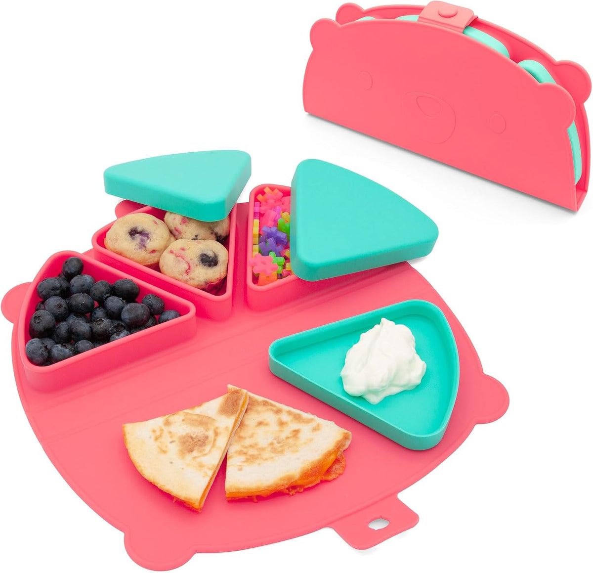 Silicone On-The-Go Snack Mat – Foldable Reusable Placemat with 3 Compartments and Lids – Travel-Friendly Baby and Toddler Snack Plate – Dishwasher Safe (Aqua)
