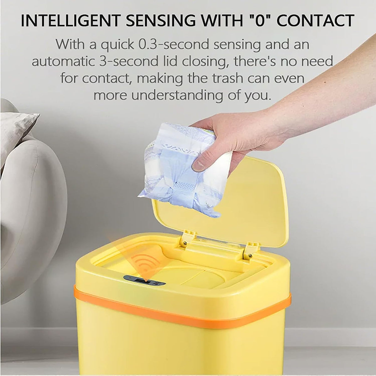 Smart Odor-Resistant Diaper Pail Trash Can with Motion Sensor Lid, Double Seal Odor Control, Removable Inner Shield, Battery Operated Bin,Quiet Auto Open Close,Home Hygiene Organizer (Yellow)