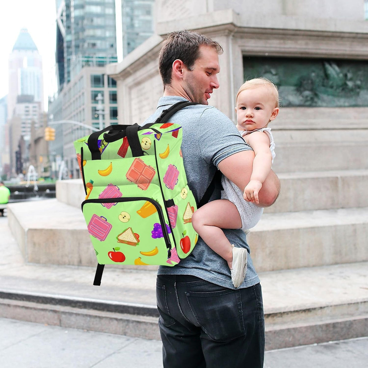 Diaper Bag Backpack, Multifunction Travel Bag for Moms Dads, Baby Changing Bag with Insulted Pockets, Stroller Straps and Side Bottle Pockets Colorful Lunch Items