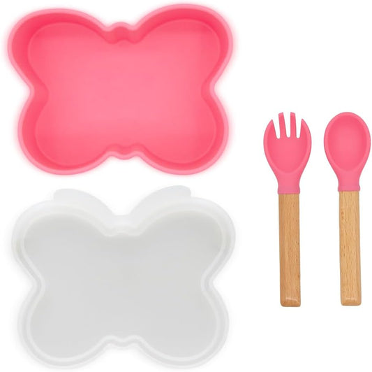 Baby Silicone Feeder Set, 3-pcs Butterfly-themed Baby Bowl with Suction, Spoon and Fork for Babies Toddler Kids, BPA-Free, Baby Utensils Feeding Supplies, Microwave and Dishwasher Safe