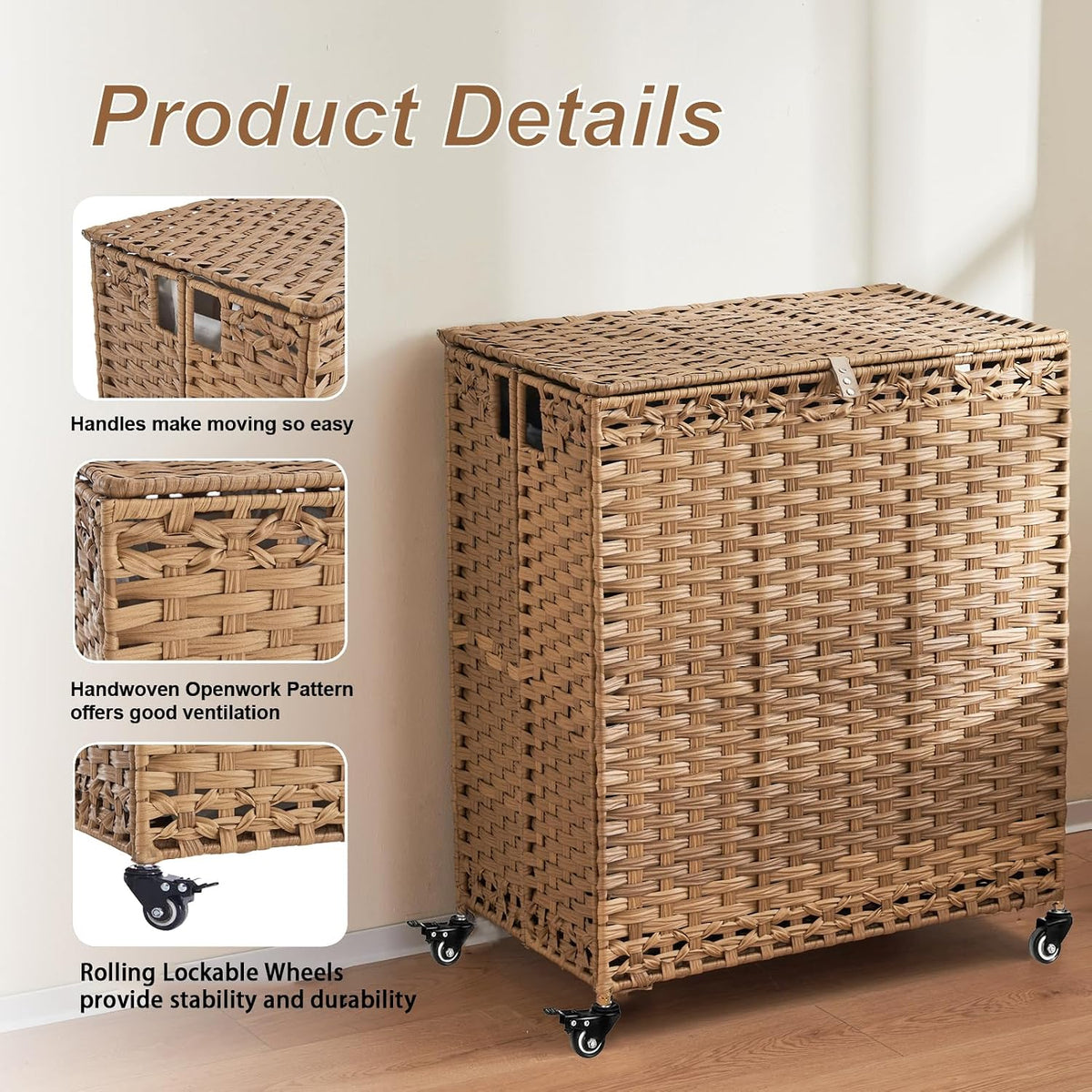 Laundry Hamper with Wheels&Lid, 50.2 Gallons(190L) Rolling Laundry Basket with Wheels, 3-Section Laundry Hamper, Handwoven Rattan Clothes Hamper with 6 Removable Liner& 3 Mesh Laundry Bags, Natural