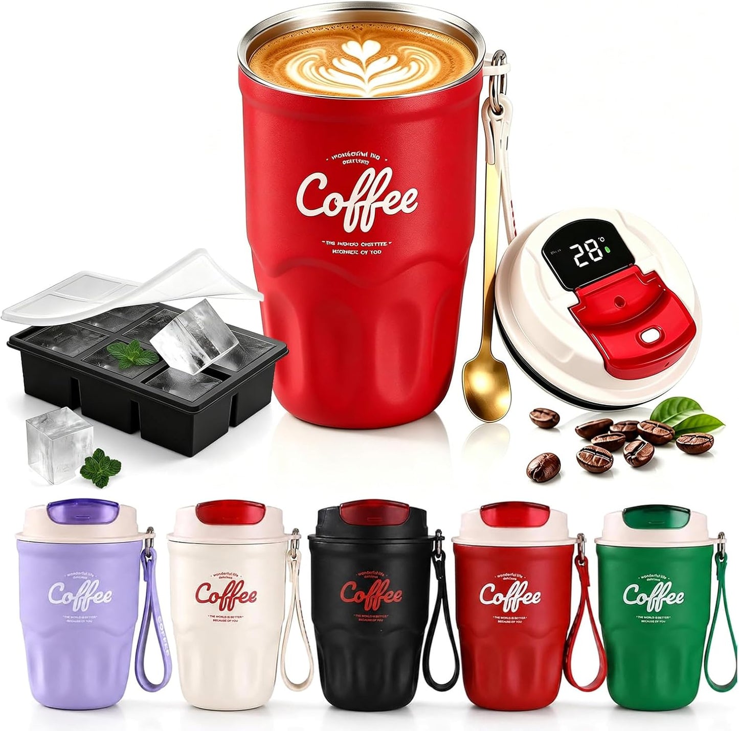 Coffee Vacuum Flask, 2026 New Portable Travel Insulated Coffee Mug with Lid & Handle, Spill & Leak Proof, Stainless Steel Insulated Water Bottle for Hot and Cold Drinks (Red, Standard)