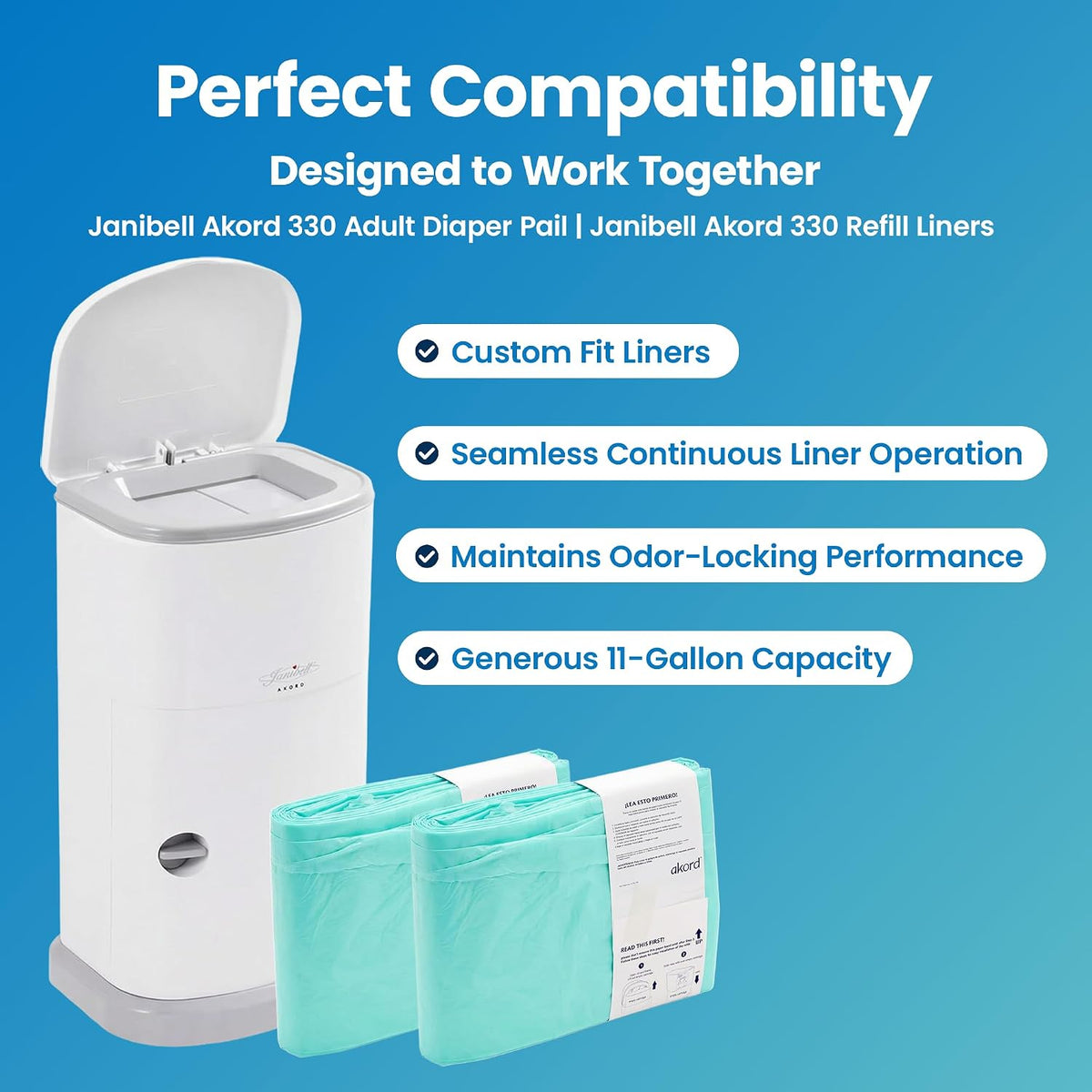 Akord Slim Adult Diaper Pail — 7-Gallon (11.8” x 10.2” x 20.5”), Hands-Free Foot Pedal, Double-Sealed Odor Reduction, Continuous Liner System